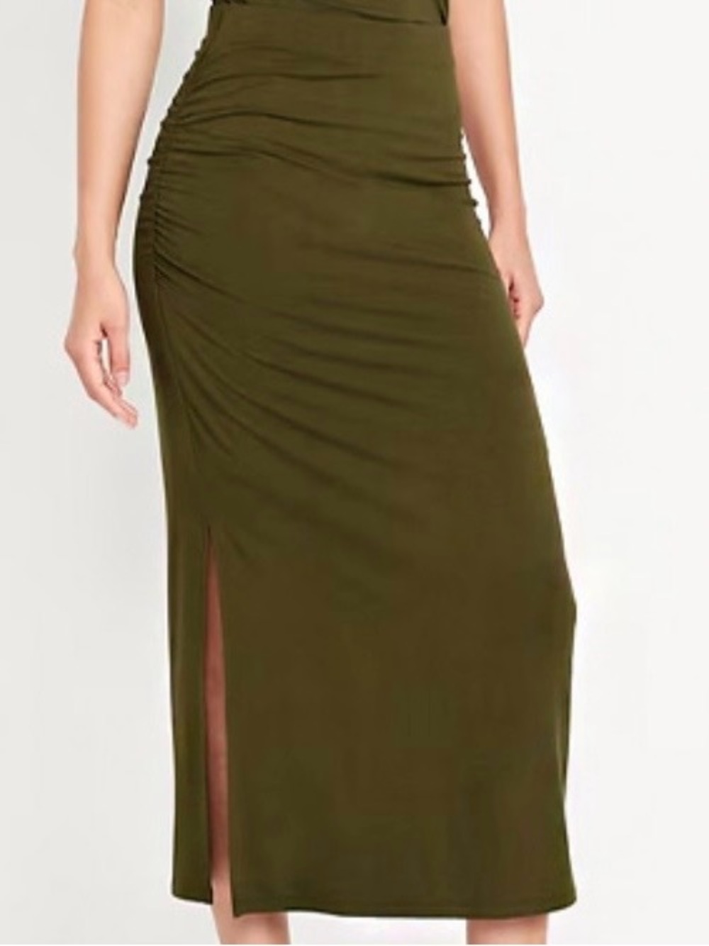 Old Navy Olive Midi Skirt with Side Slit and Ruched Waist